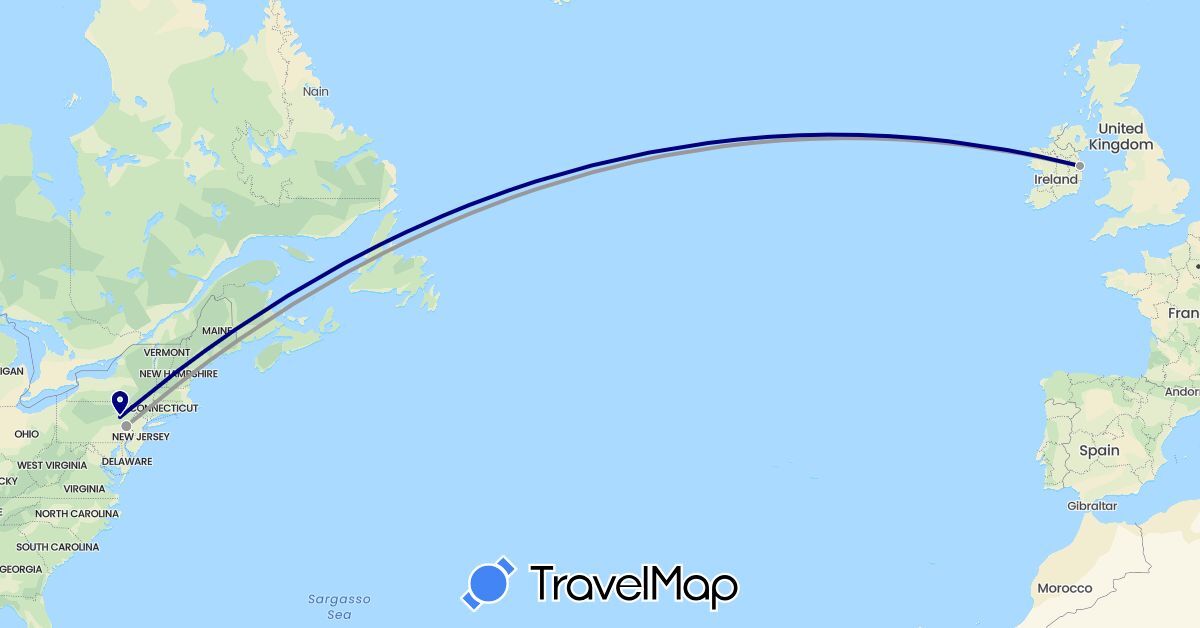 TravelMap itinerary: driving, plane in Ireland, United States (Europe, North America)